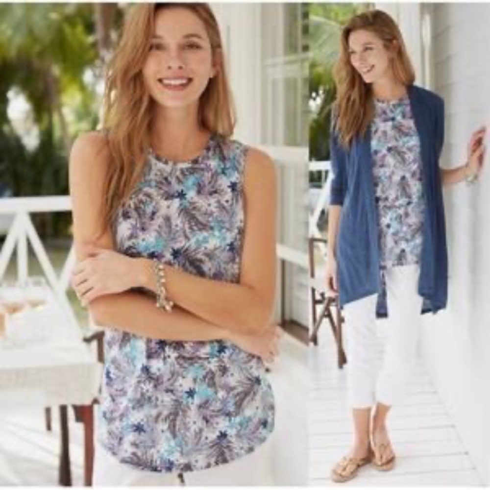 J. Jill 2X Linen Tank Top Summer Blue/Purple/Grey Palm leave/floral pattern New